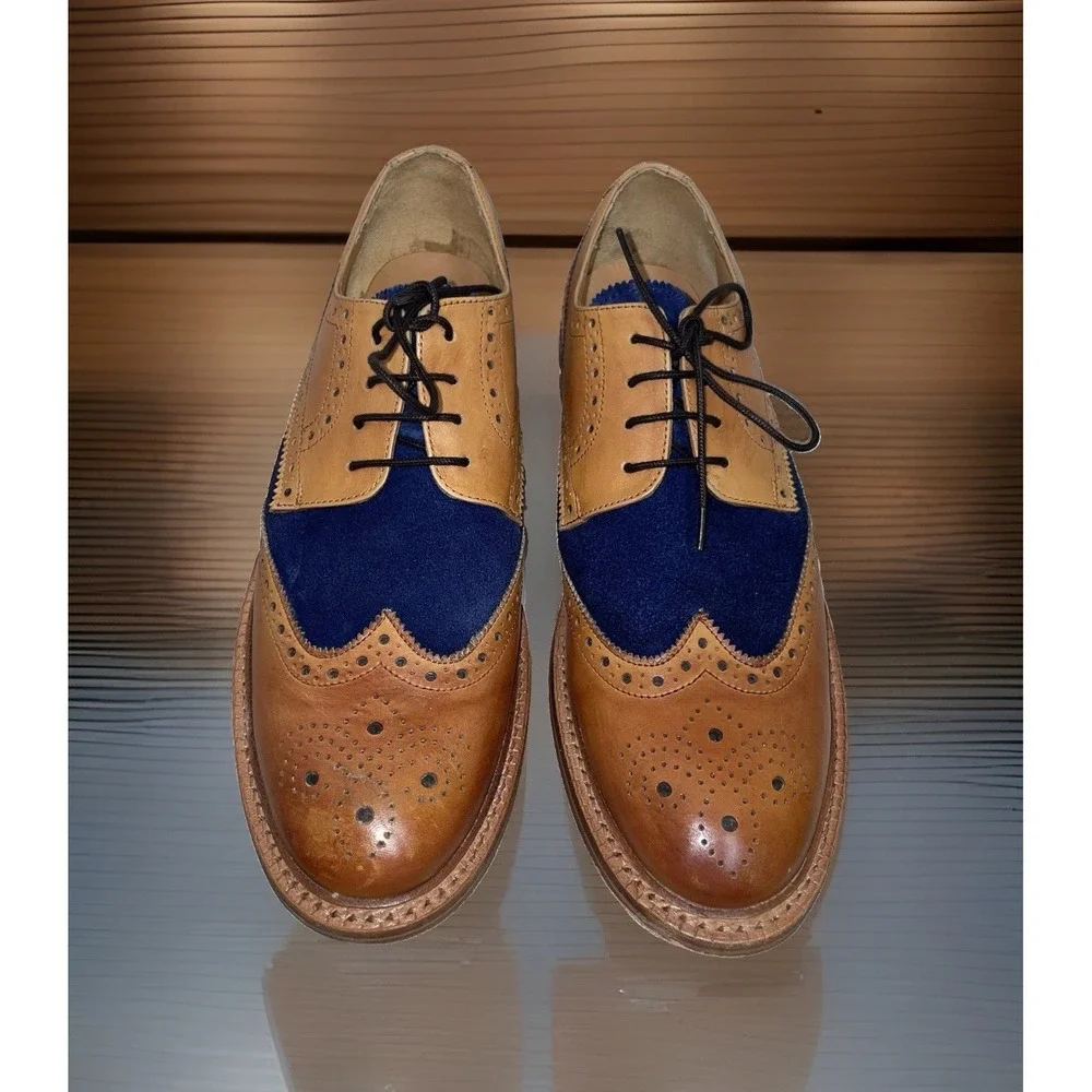 Paul Malone Palm Beach Wingtip Oxford Tan Leather Navy Suede Mens Shoes 9